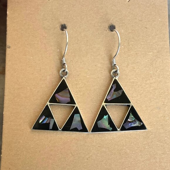 Sterling Silver 925 Southwest Style Abalone Inlay Triangle Dangle Drop Earrings - Picture 9 of 15